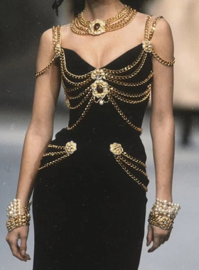 圣诞节Vintage中古美少女战士cosplay复古鎏金链条走秀连衣裙