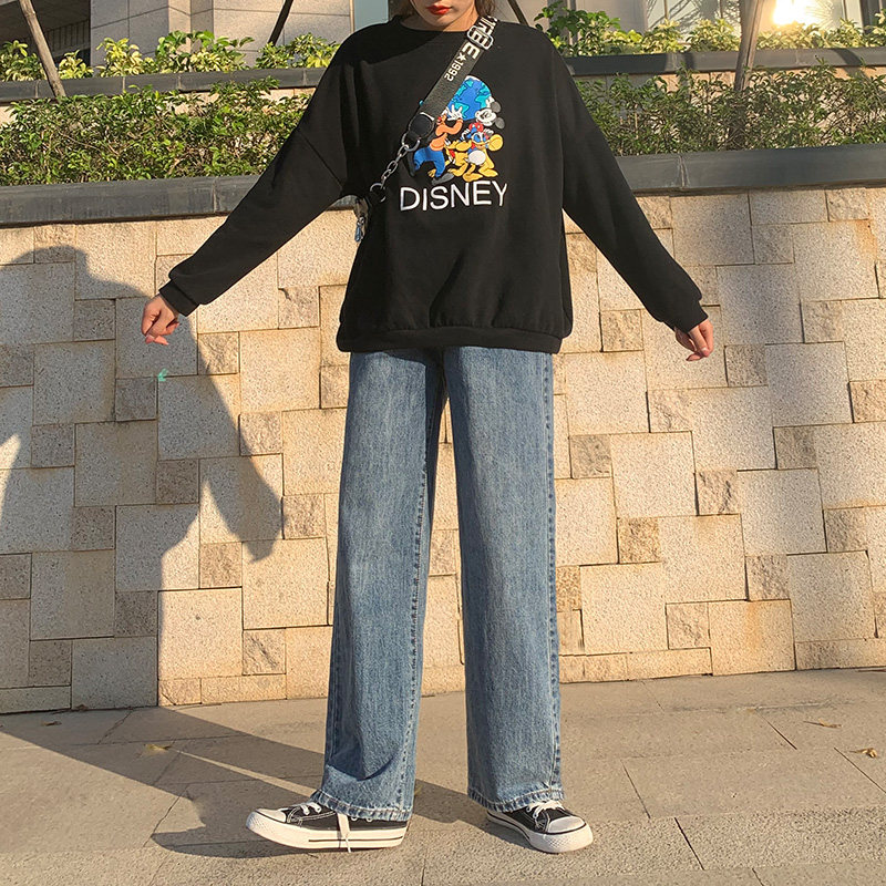 高腰直筒牛仔裤女2020秋冬新款垂感宽松显瘦拖地九分小个子阔腿裤