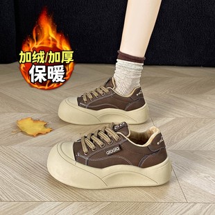 2025新款 34码 冬季 女保暖运动棉鞋 厚底加棉板鞋 踩屎感加绒休闲女鞋