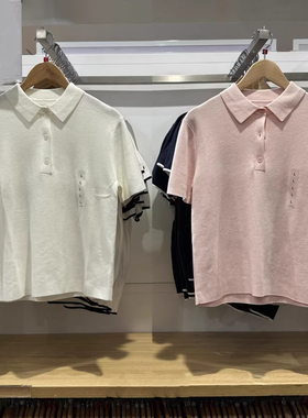 485224/484607 日系春款女装POLO领拼色针织衫短袖毛衣打底衫