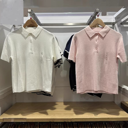485224/484607 日系春款女装POLO领拼色针织衫短袖毛衣打底衫
