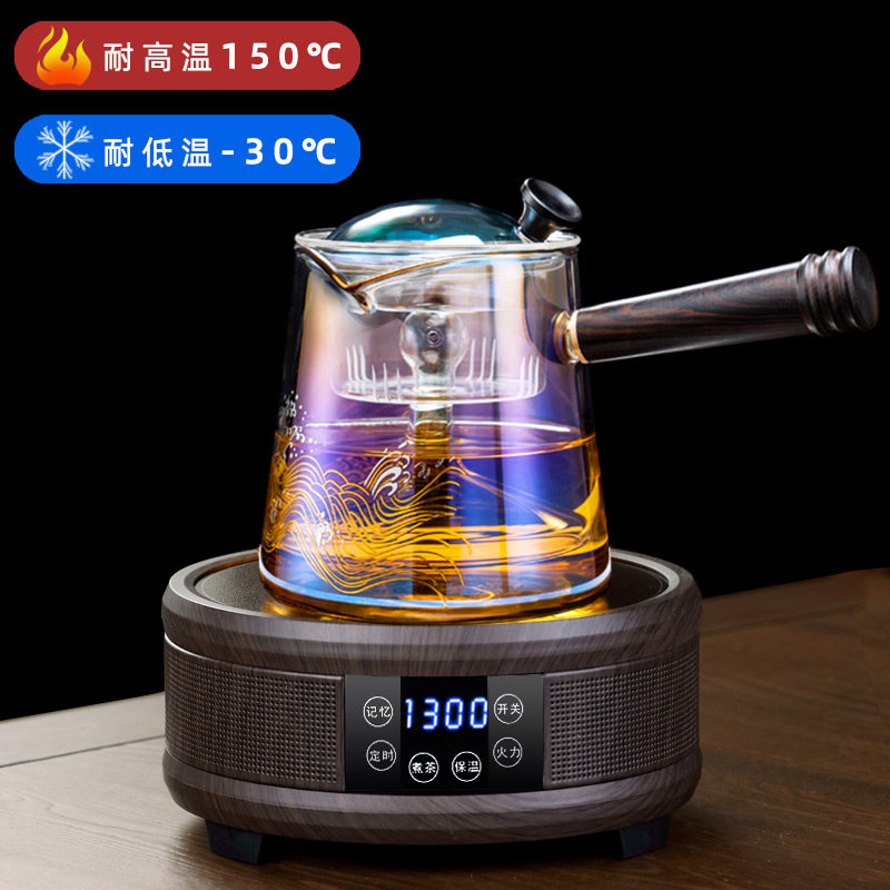 实木把手蒸煮茶壶 耐高温玻璃蒸茶器 保温电陶炉加厚侧把日式茶具
