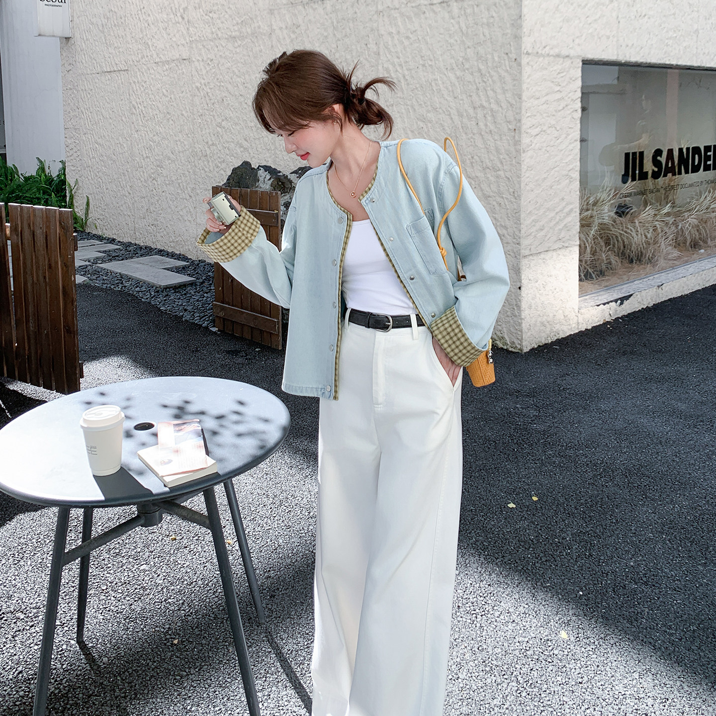 【26新款】浅蓝色复古格纹拼接牛仔外套270-7203P155控248，女装短外套，浙宝270