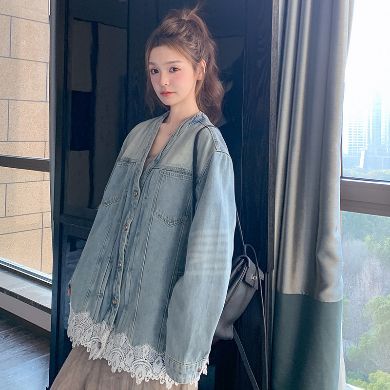 时尚拼接蕾丝边V领牛仔外套女2025春新款复古风宽松做旧韩版上衣,女装短外套,浙宝270