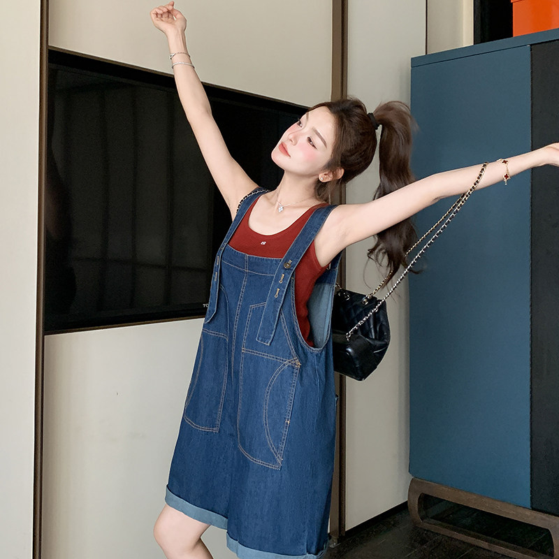 学院风设计感工装牛仔背带裤女夏韩系休闲减龄小个子宽松阔腿短裤,女装连体裤,浙宝270
