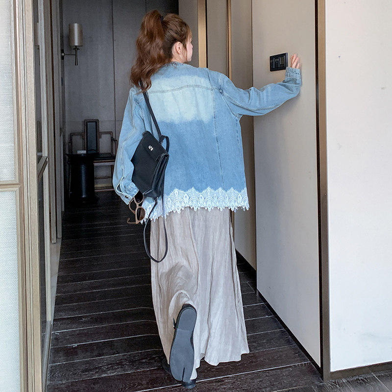 时尚拼接蕾丝边V领牛仔外套女2025春新款复古风宽松做旧韩版上衣,女装短外套,浙宝270