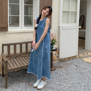 蓝色复古无袖背心裙女夏季2024新款韩版洋气设计感牛仔连衣裙长裙图片