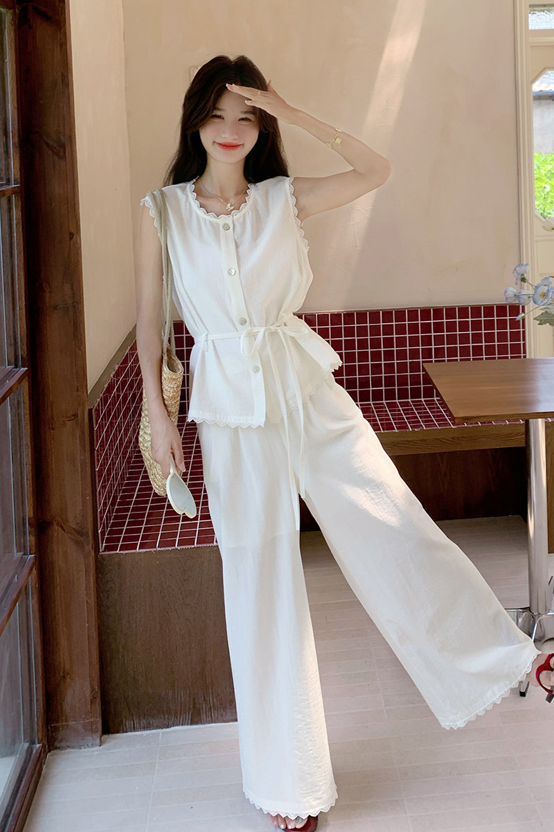 白色高级感小众气质套装女2025夏季新款花边背心上衣阔腿裤两件套,女装套装/套裙,浙宝270
