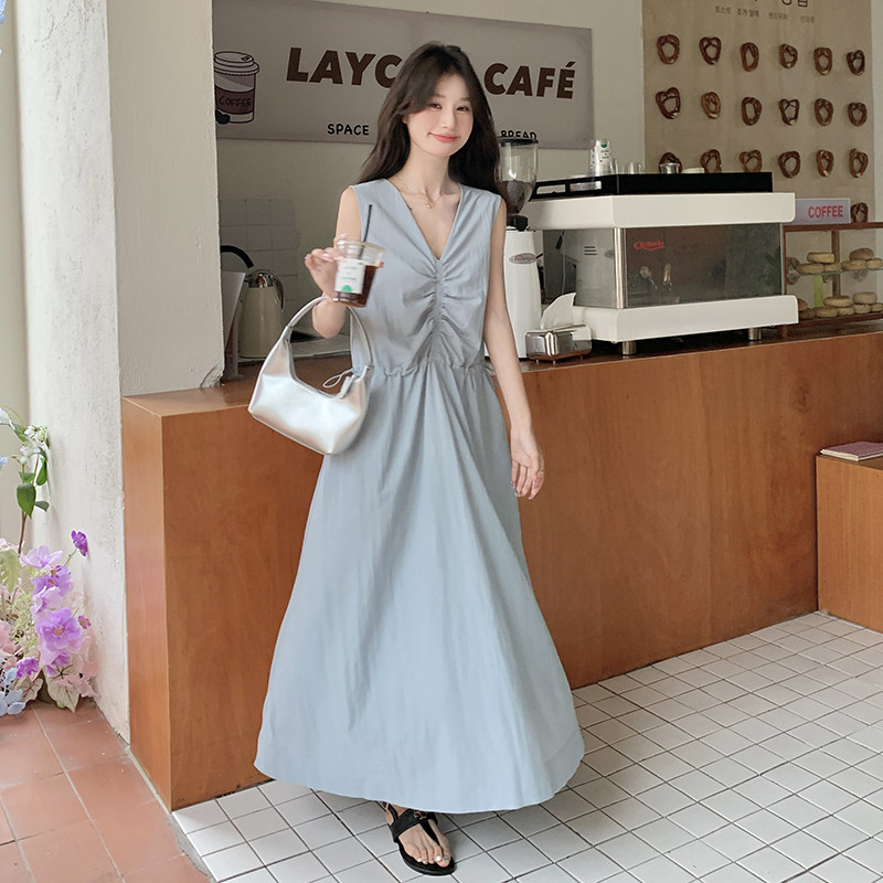 法式蓝色无袖背心连衣裙女夏2025新款露背长裙大方得体超好看漂亮,女装连衣裙,浙宝270
