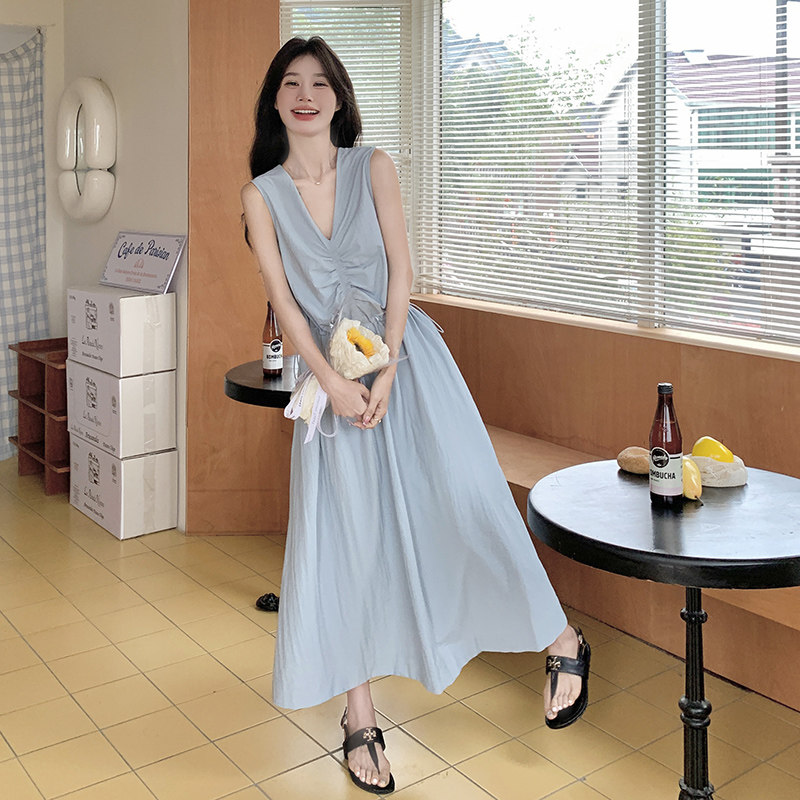法式蓝色无袖背心连衣裙女夏2025新款露背长裙大方得体超好看漂亮,女装连衣裙,浙宝270