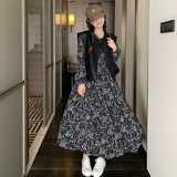 法式碎花连衣裙女2025年春季新款时尚复古PU皮马甲长裙，女装连衣裙，浙宝270