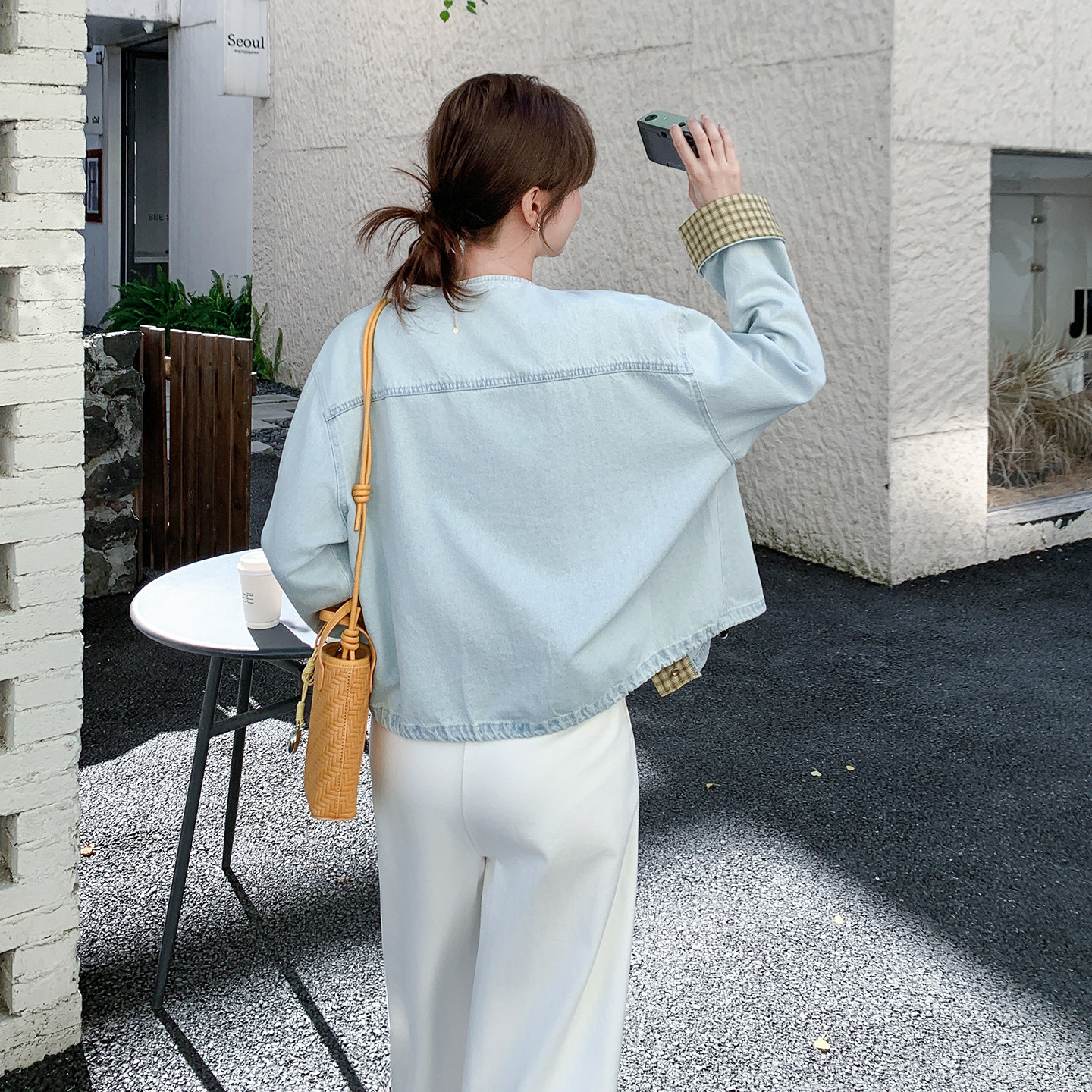 【26新款】浅蓝色复古格纹拼接牛仔外套270-7203P155控248,女装短外套,浙宝270