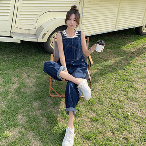 美式复古休闲直筒工装牛仔背带裤女夏薄款2025年新款洋气减龄图片