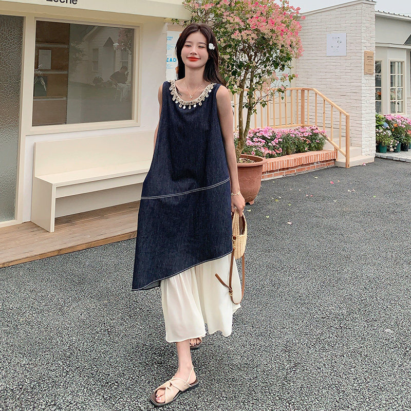 深蓝色法式复古亮片背心裙女中长款夏季新款设计感拼接显瘦连衣裙图片