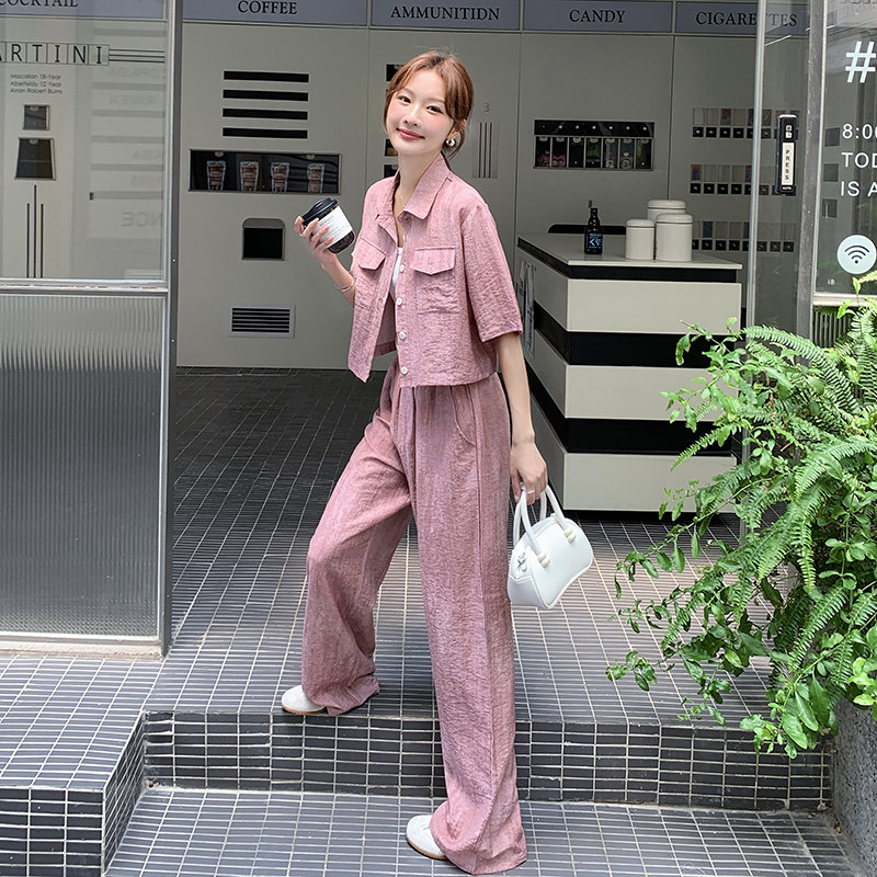 时尚休闲洋气两件套装女装2025夏季新款宽松上衣高腰阔腿长裤夏装,女装套装/套裙,浙宝270