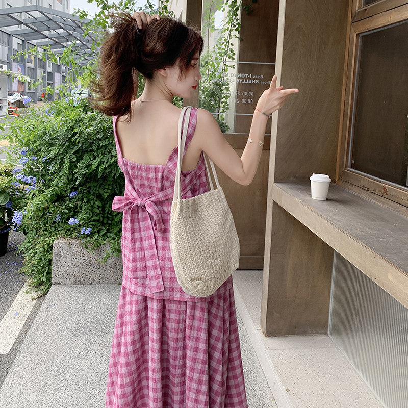 韩系格子吊带半裙套装女2025年夏季新款温柔风显瘦休闲长裙两件套,女装套装/套裙,浙宝270