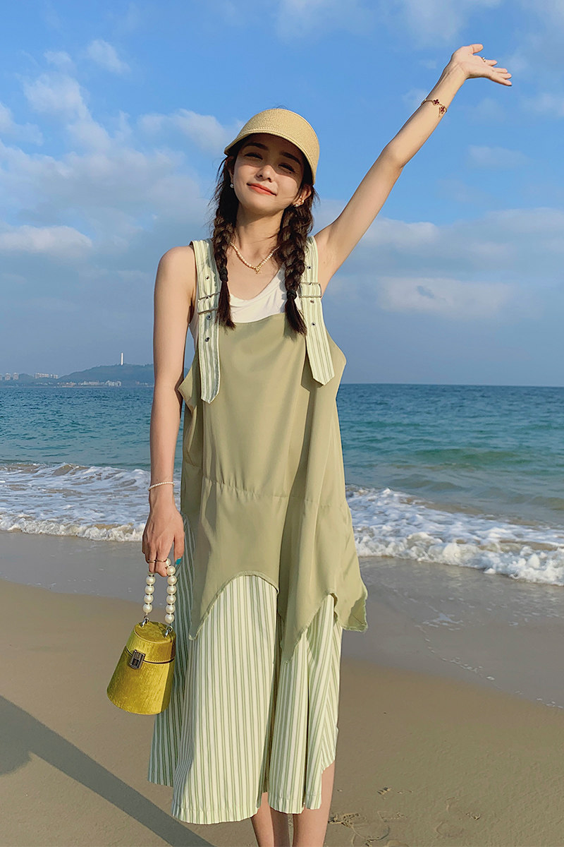 2023夏季新款！！条纹拼接假两件背带裙270-2219-P105控158,女装连衣裙,浙宝270