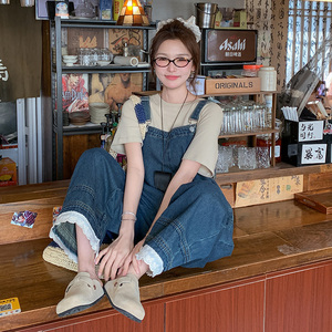 高级感韩版复古水洗牛仔背带裤女夏季新款减龄显瘦长款工装连体裤图片