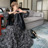 法式碎花连衣裙女2025年春季新款时尚复古PU皮马甲长裙，女装连衣裙，浙宝270
