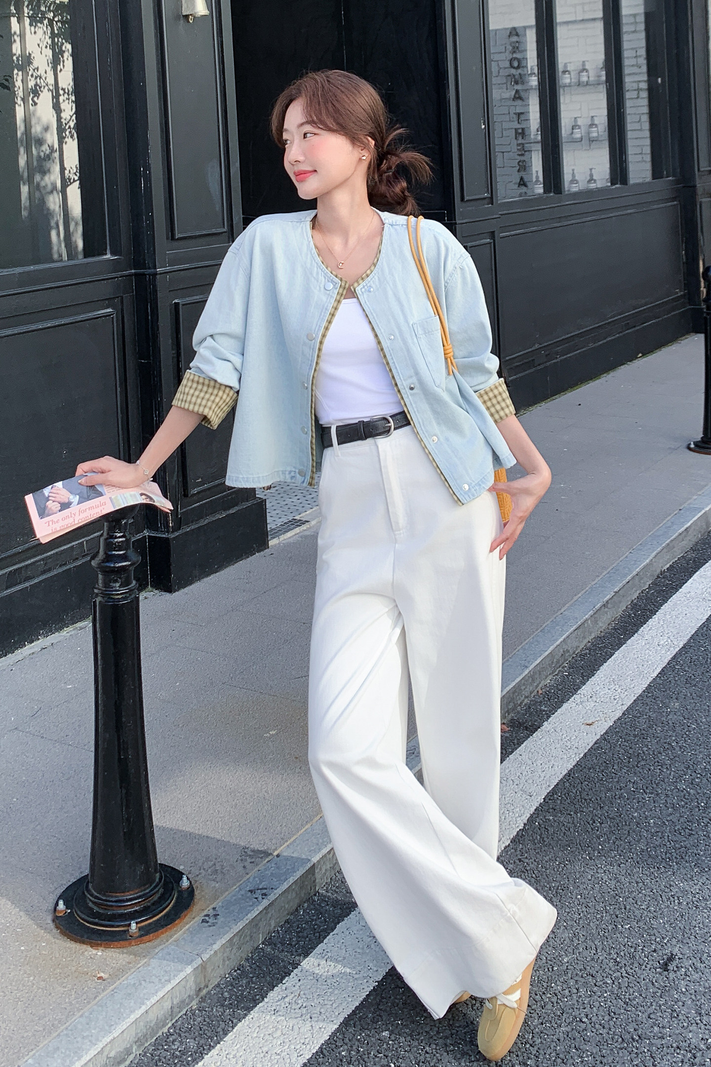 【26新款】浅蓝色复古格纹拼接牛仔外套270-7203P155控248,女装短外套,浙宝270