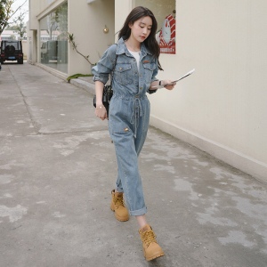 港风复古chic工装牛仔连体裤女春秋2025新款高级感休闲连身衣套装,春秋黑长t恤怎么搭配下身图片