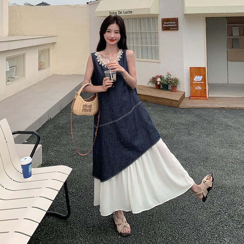 初夏2025新款设计感宽松遮肉显瘦长裙假两件拼接牛仔背心连衣裙女，商品下架区商品下架区，浙宝270