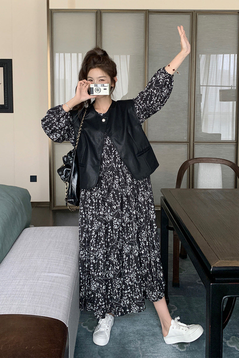 法式碎花连衣裙女2025年春季新款时尚复古PU皮马甲长裙,女装连衣裙,浙宝270