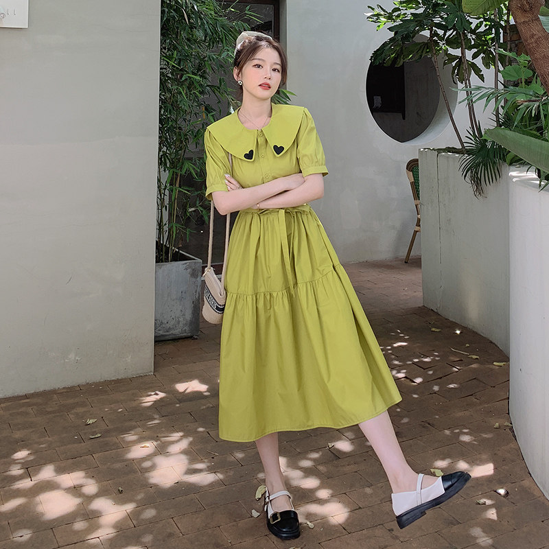 法式绿色娃娃领连衣裙女夏季2025新款温柔风小众设计收腰别致长裙,女装连衣裙,浙宝270