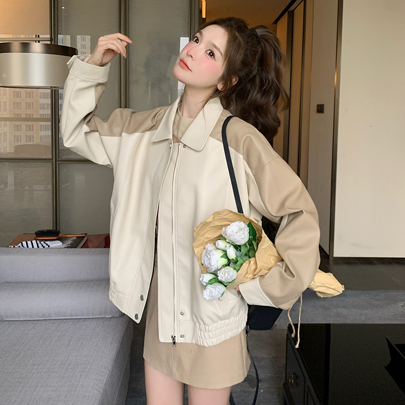 【25新款】奶茶色设计感拼接撞色PU皮小个子时尚翻领夹克,女装皮衣,浙宝270