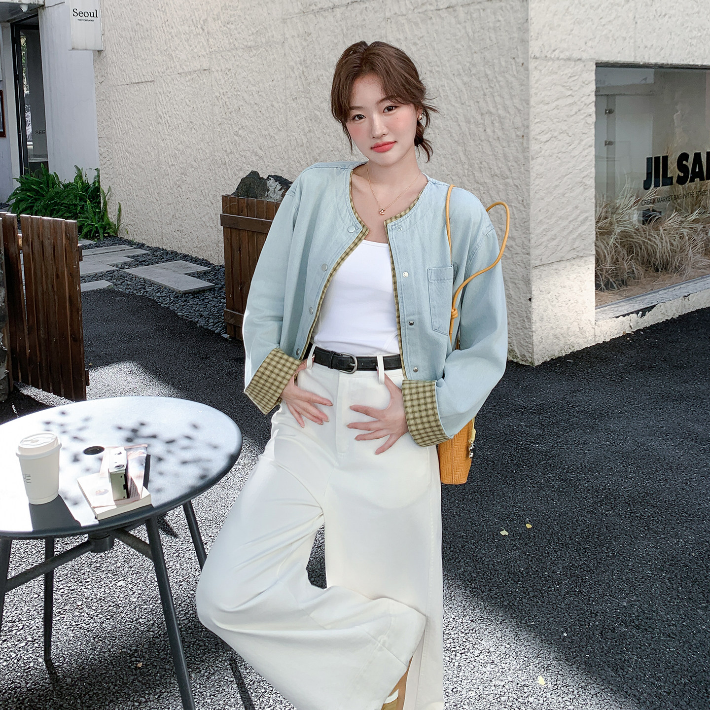 【26新款】浅蓝色复古格纹拼接牛仔外套270-7203P155控248,女装短外套,浙宝270