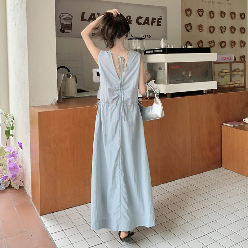 法式蓝色无袖背心连衣裙女夏2025新款露背长裙大方得体超好看漂亮,女装连衣裙,浙宝270
