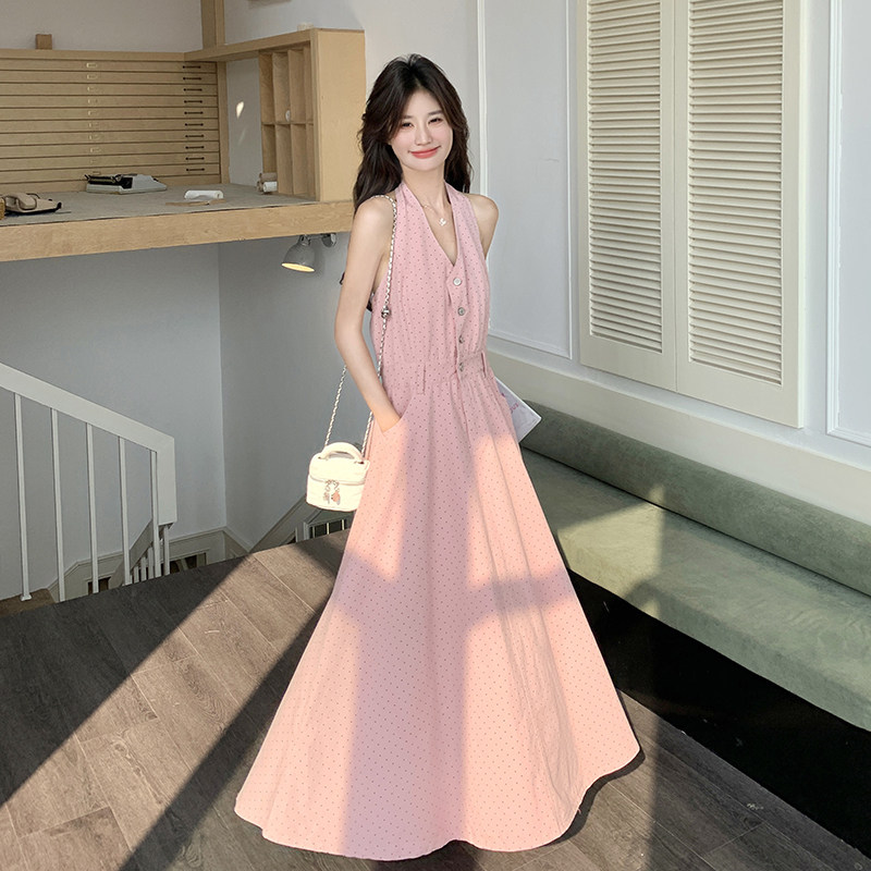 粉色露背小心机辣妹挂脖长裙夏季新款纯欲风收腰显瘦气质连衣裙女,女装连衣裙,浙宝270