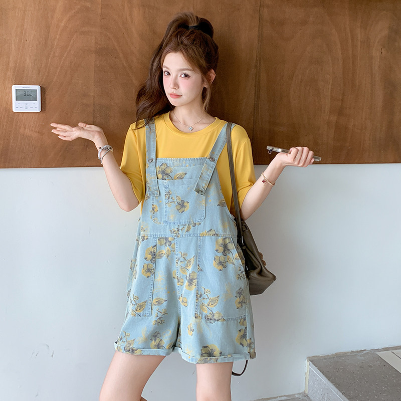 【新款】现货！牛仔印花背带短裤T恤套装270-8237P125控188,女装套装/套裙,浙宝270