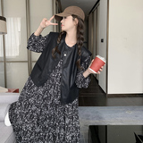 法式碎花连衣裙女2025年春季新款时尚复古PU皮马甲长裙，女装连衣裙，浙宝270