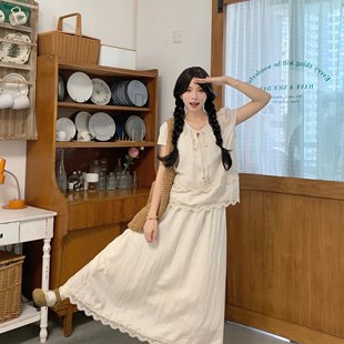 半身裙套装 实拍 女韩系慵懒风甜美蕾丝花边系带上衣 2025夏季 新款