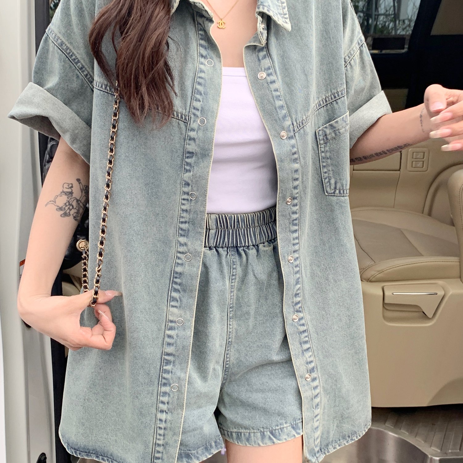 大码女装2025夏季牛仔套装胖mm复古短袖外套衬衫上衣短裤两件套