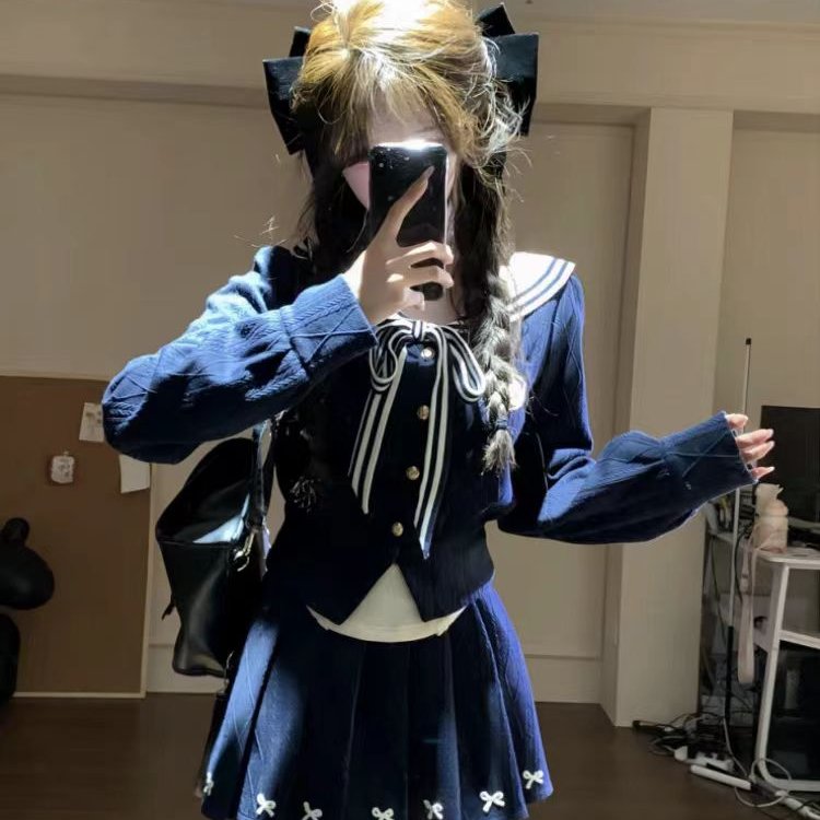 学院风jk制服小个子穿搭套装女早秋甜美海军领上衣百褶短裙两件套