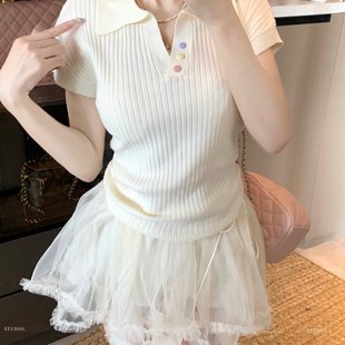 洋气百搭针织衫 polo领短袖 设计感褶皱短款 T恤女2025夏季 上衣 新款