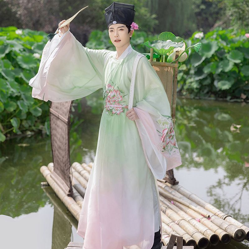 荷花君唐宋圆领袍夏季渐变绣花