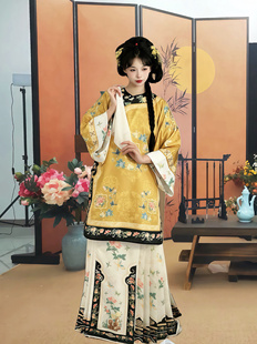 重工印花馬面裙春秋款 原創(chuàng)清漢女漢服斜襟圓領(lǐng)古董民族服裝