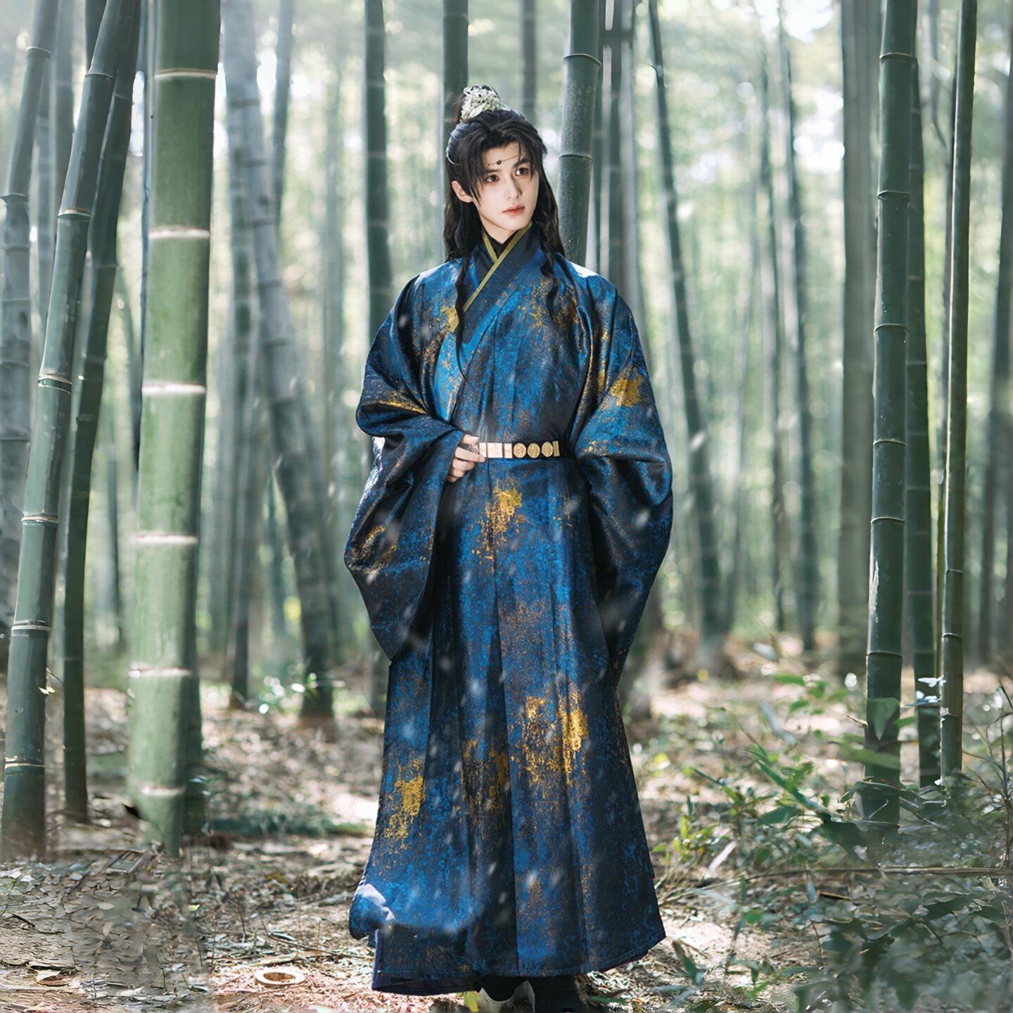 【星河天下】春款明制汉服男款道袍加厚织金斗篷泼墨蓝金中国风