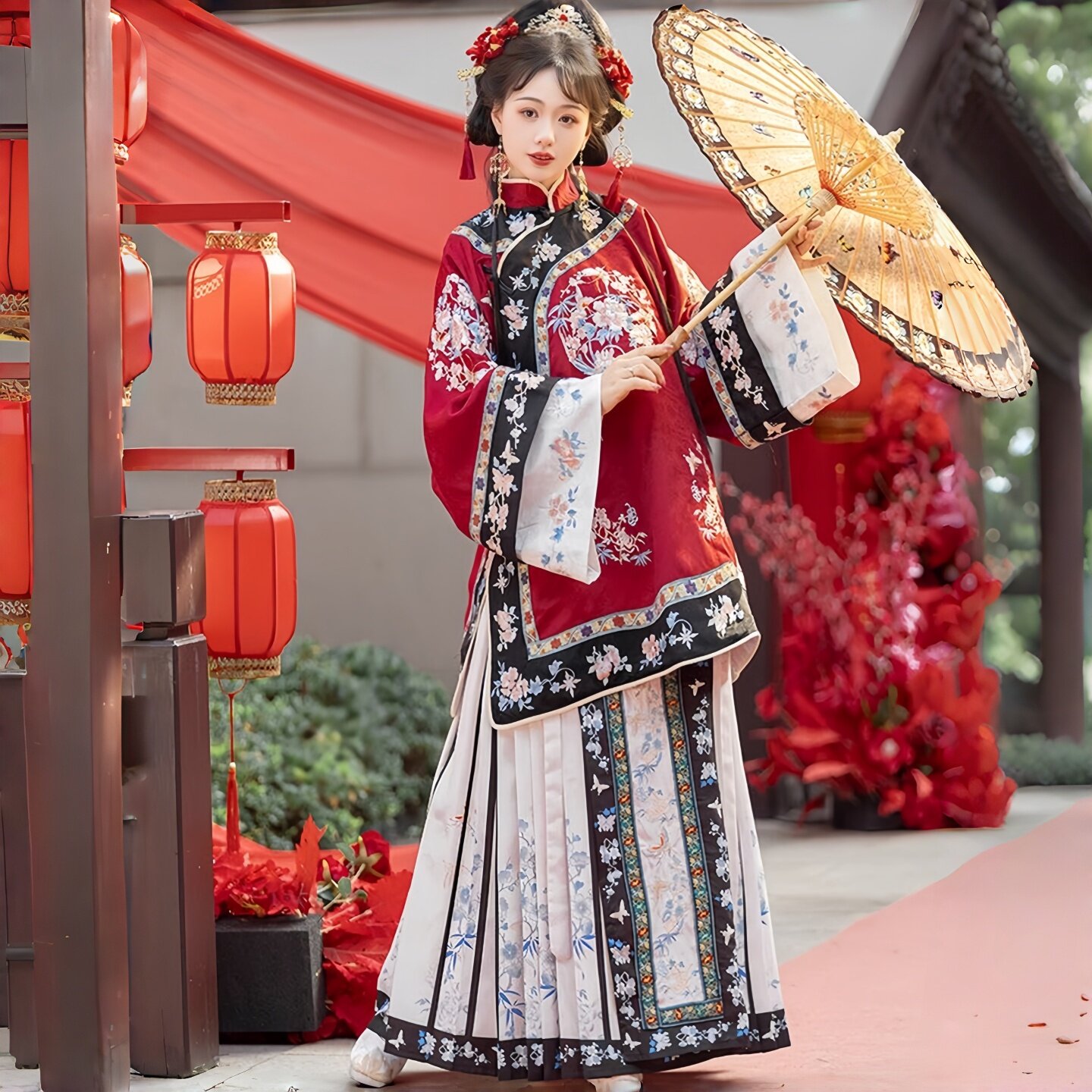 清汉女原创双色重工复原重工刺绣马面裙斜襟立领清代服饰汉服