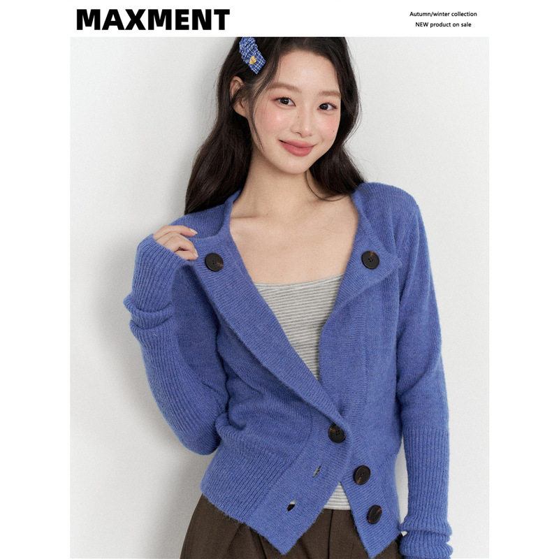 MAXMENT设计感特调蓝马海毛收腰毛衣外套内搭吊带阔腿裤气质套装