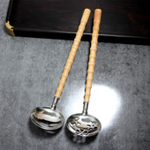 竹节木柄304不锈钢汤勺漏勺家用餐厅火锅勺日式 料理勺实木长柄勺