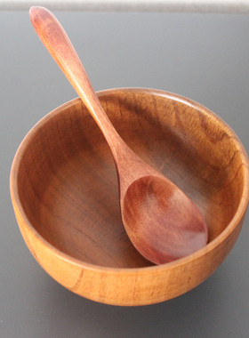 带木勺子碗勺套装日式料理碗宝宝防摔木碗酸枣木汤碗手工饭碗木制