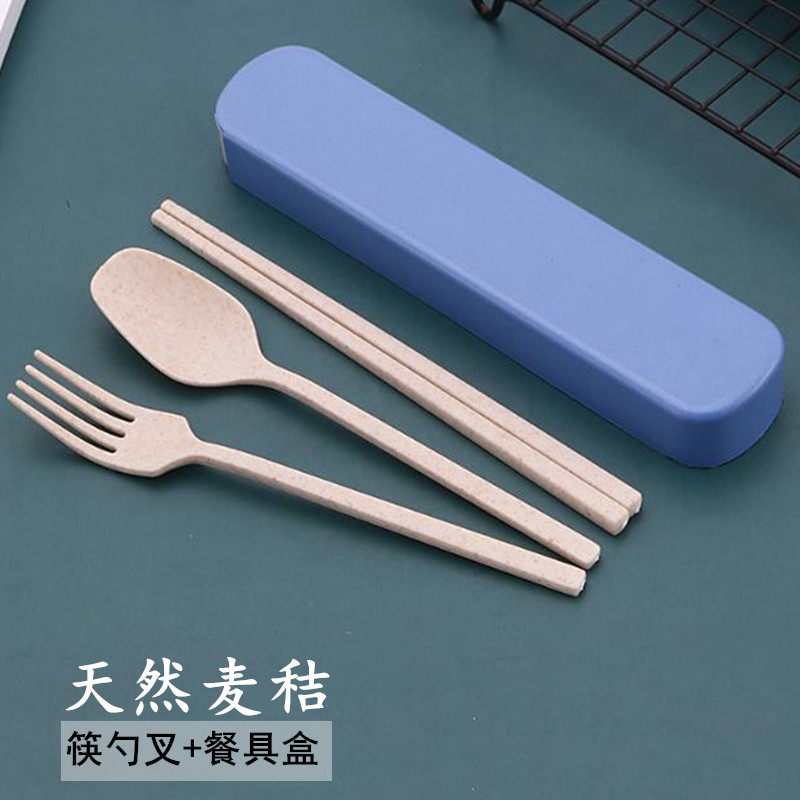 日式便携式筷勺叉套装三件套天然麦秸餐具学生一人用单人带收纳盒