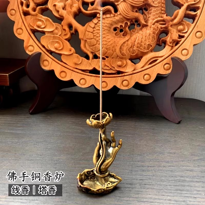 纯黄铜佛手插香座仿古香炉香薰器