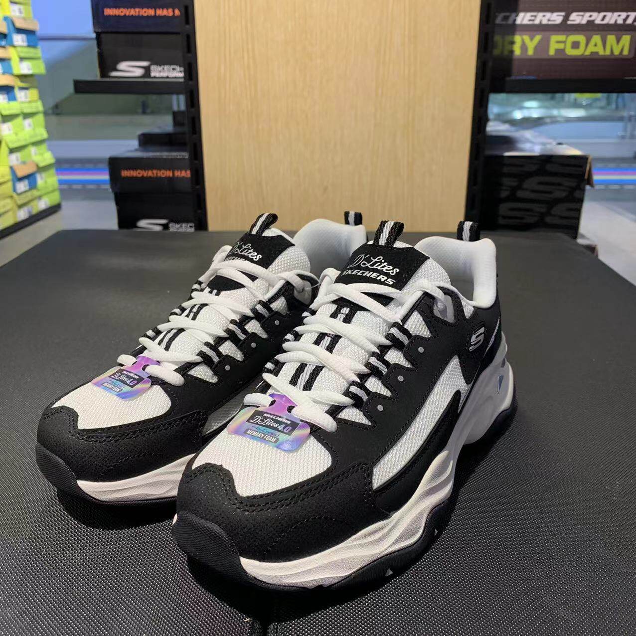 skechers斯凯奇女款闪电熊猫鞋情侣春季潮流网布黑白老爹鞋149491