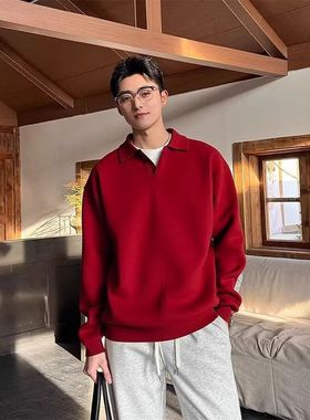 搭男士穿衫本命年可外红色毛衣P领风穿olo老钱上衣搭海鸥内针织V
