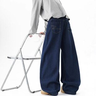 子c阔腿le深蓝色anfit微喇冬季长裤牛仔裤直筒裤男女美式潮牌宽松